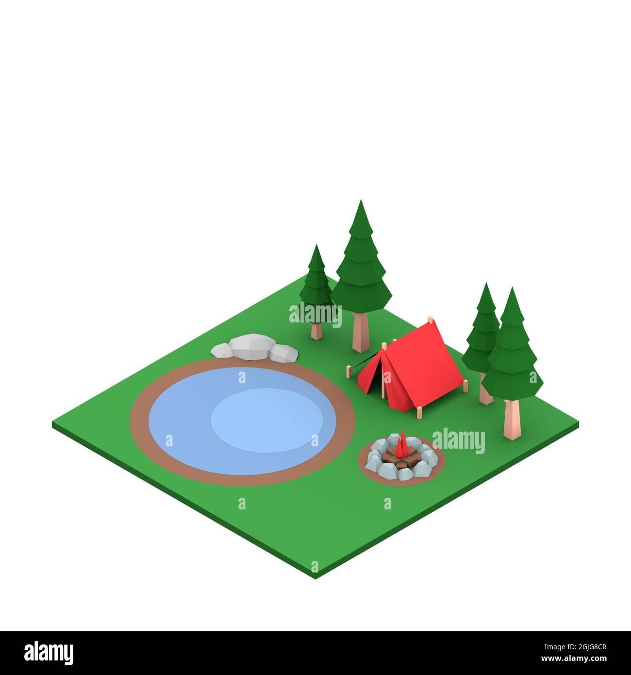 3D isometric interior rendering of exterior camping scene Stock Photo