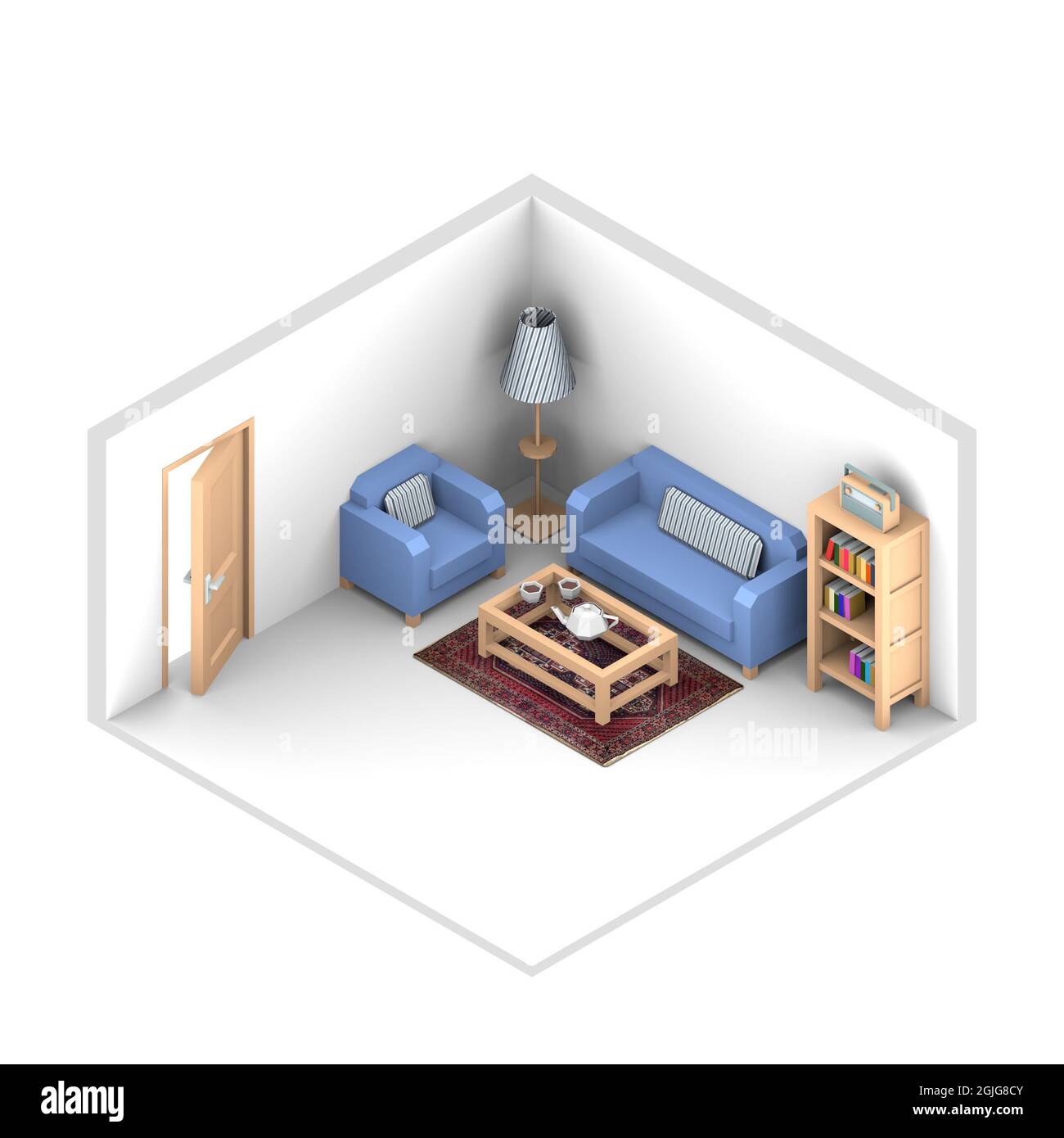 3D isometric interior rendering of living room Stock Photo