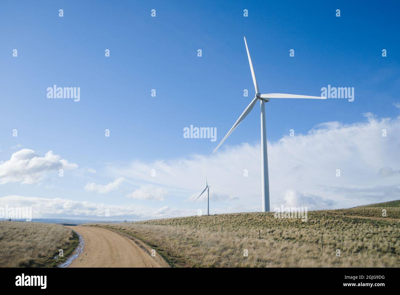 View of two wind turbines at Boco Rock Wind Farm Stock Photo Alamy