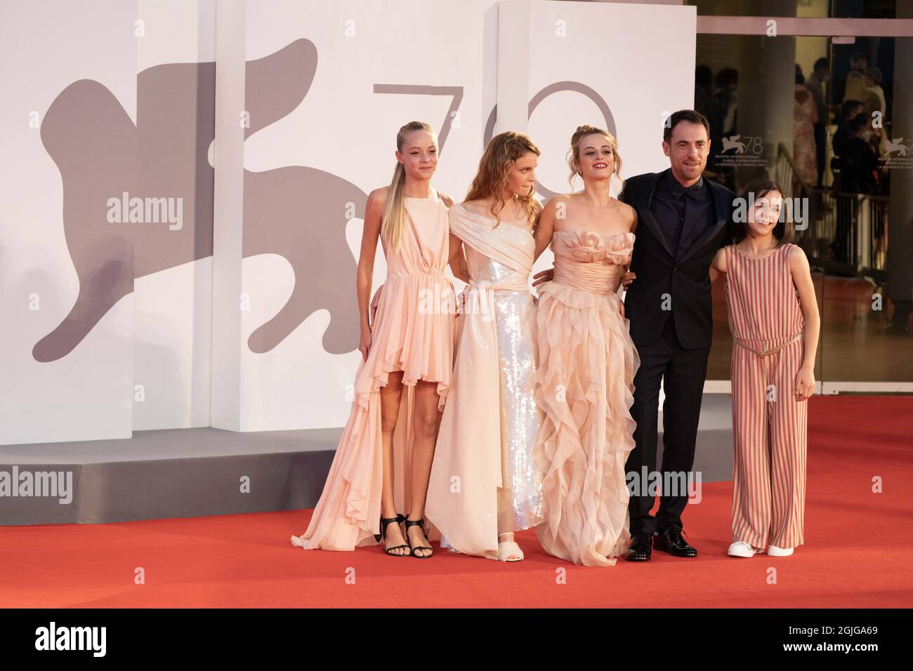 VENICE, ITALY - SEPTEMBER 09: (L-R) Federica Pala, Carlotta Gamba, Astrid  Casali, Elio Germano and Sara Ciocca attend the red carpet of the movie  "America Latina" during the 78th Venice International Film