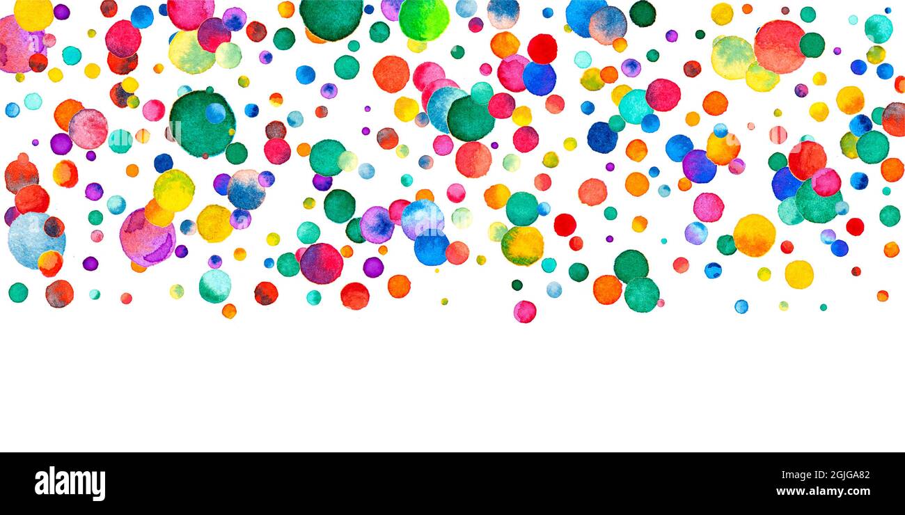Watercolor confetti on white background. Alluring rainbow colored dots. Happy celebration wide colorful bright card. Powerful hand painted confetti. Stock Photo
