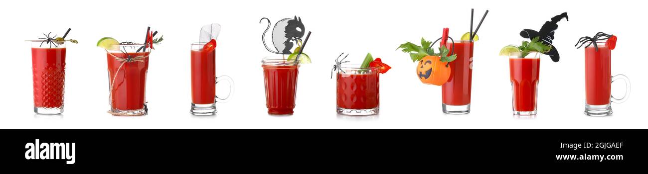 Glasses of tasty Bloody Mary cocktail decorated for Halloween on white  background Stock Photo - Alamy