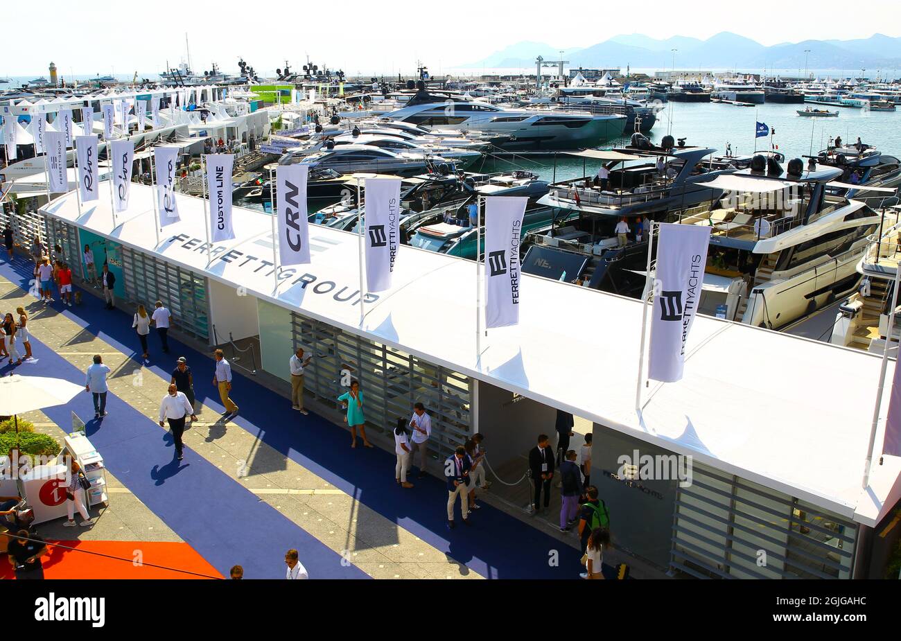 Cannes, Frankreich. 08th Sep, 2021. Cannes, France - September 08, 2021: Yachting Festival Cannes with Ferretti Group Exposition Stand. Yachts, Yachten, Yacht Credit: dpa/Alamy Live News Stock Photo