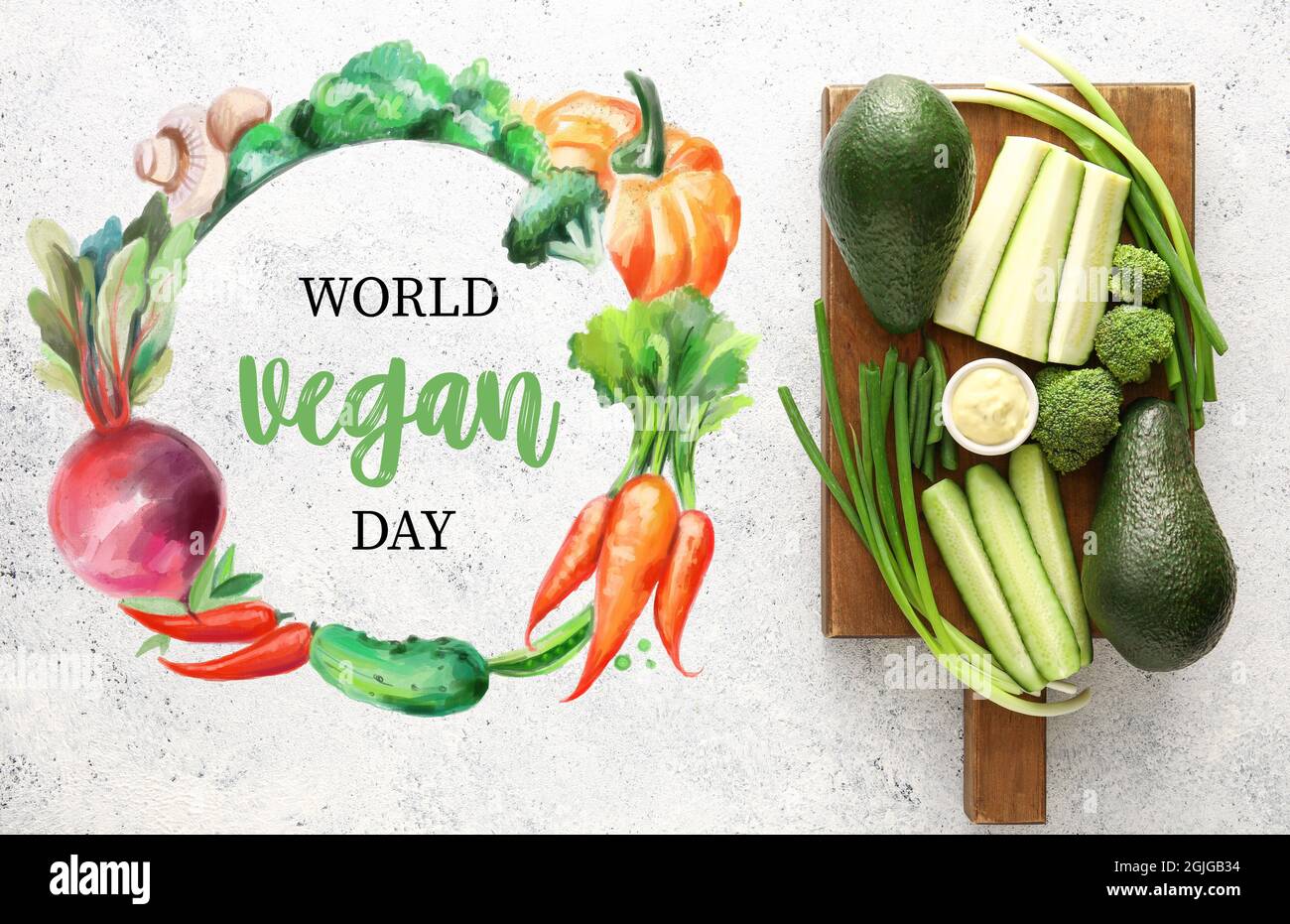 Greeting card for World Vegan Day with fresh vegetables Stock Photo