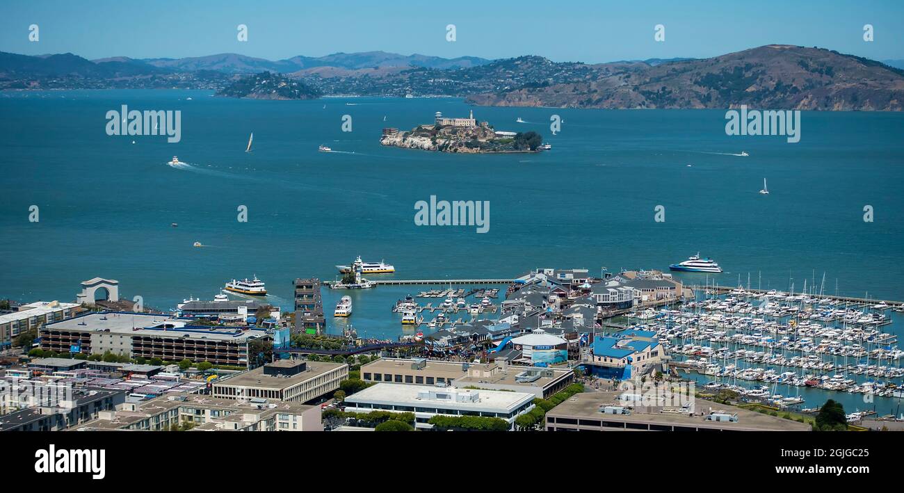 San Francisco Bay with Alcatraz Island and Pier 39, San Francisco, California, USA Stock Photo