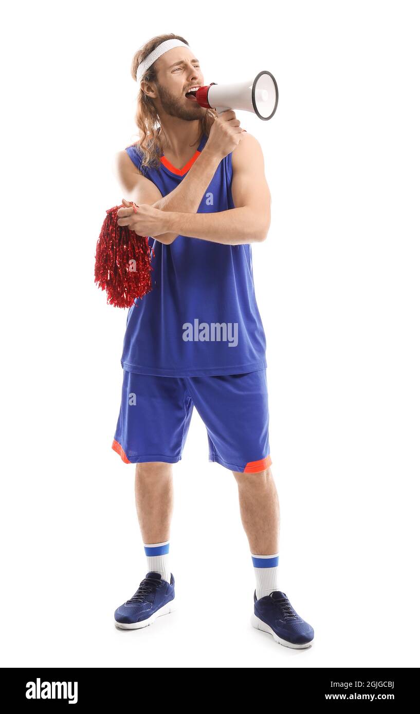 Male cheerleader with megaphone on white background Stock Photo Alamy
