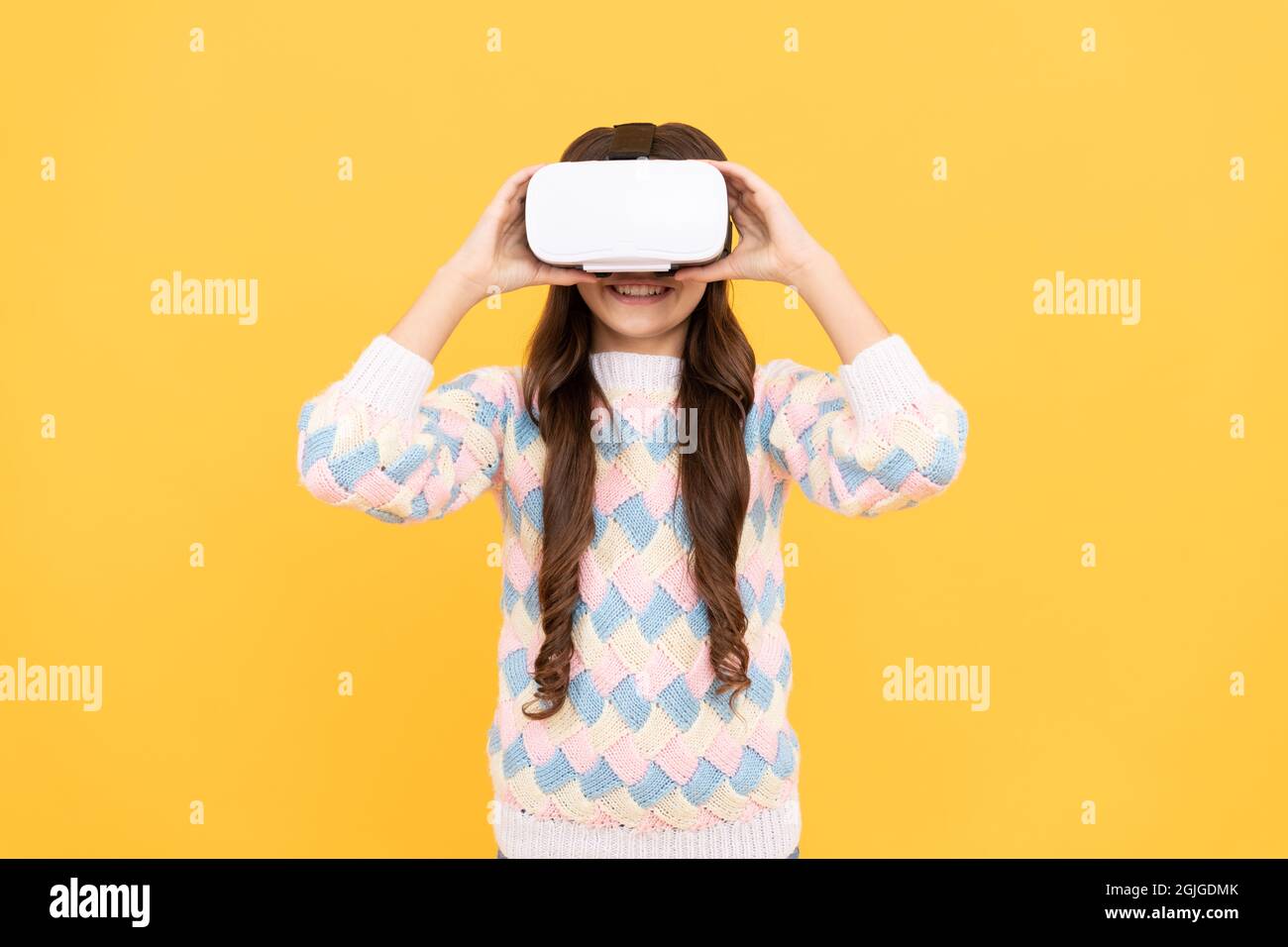 teen girl wear vr glasses using future technology for education in virtual reality, vr training Stock Photo
