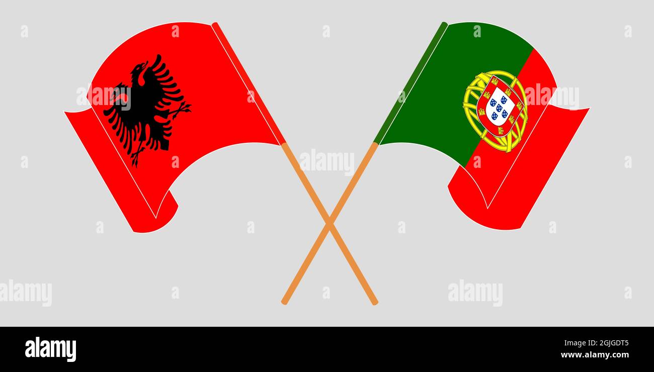 Crossed and waving flags of Albania and Portugal Stock Vector