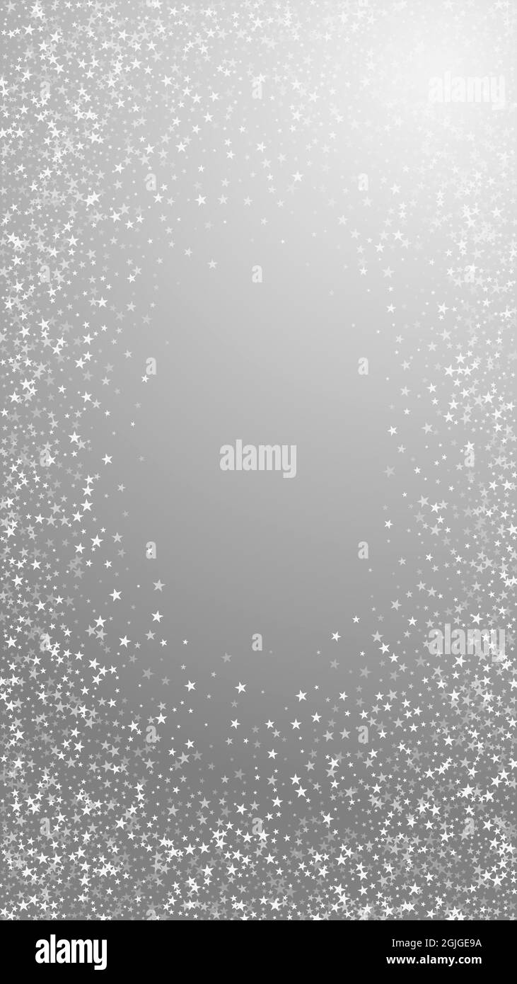 Amazing falling stars Christmas background. Subtle flying snow flakes and stars on grey background. Actual winter silver snowflake overlay template. D Stock Vector