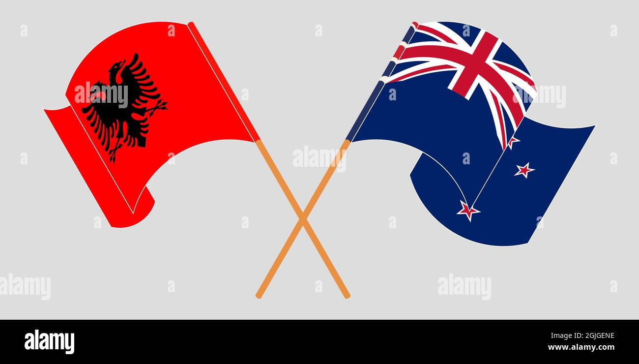 Crossed and waving flags of Albania and New Zealand Stock Vector
