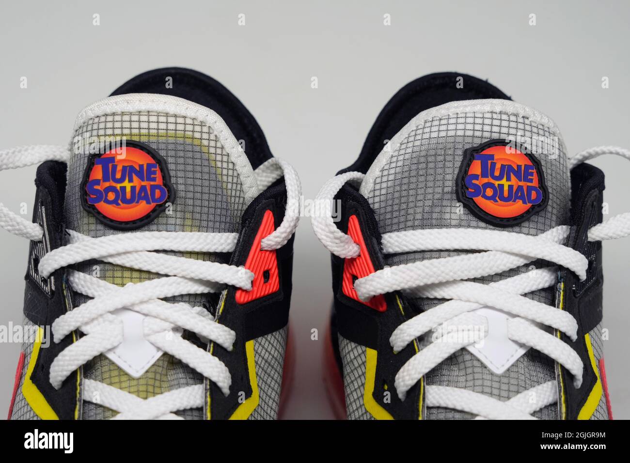 Detailed view of Nike LeBron 18 low limited edition Space Jam 2 edition shoes. Stock Photo