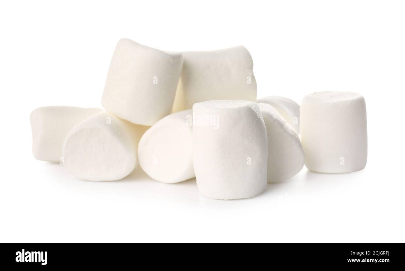 Heap of tasty marshmallows on white background Stock Photo - Alamy