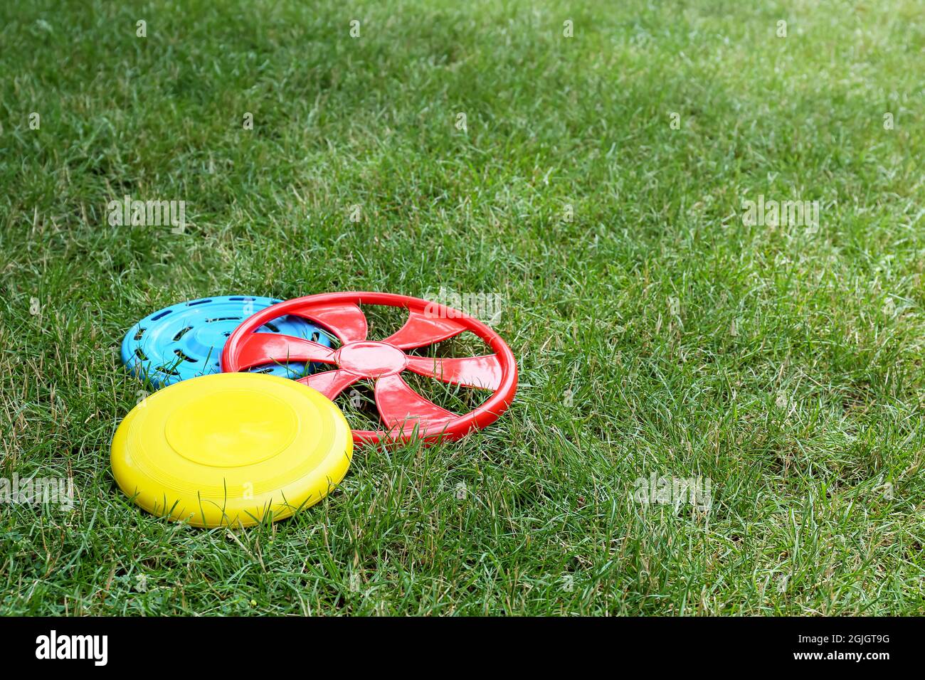 Different frisbee disks on grass outdoors Stock Photo Alamy