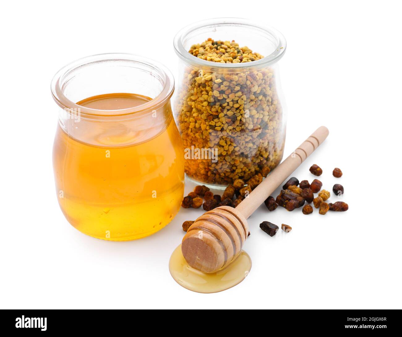 Different bee products on white background Stock Photo