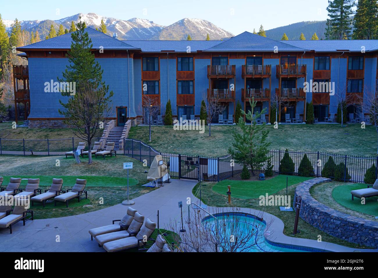 INCLINE VILLAGE, NV –13 APR 2021- View of the Hyatt Regency Lake Tahoe Resort, Spa and Casino, a waterfront resort on the shore of Lake Tahoe on the N Stock Photo