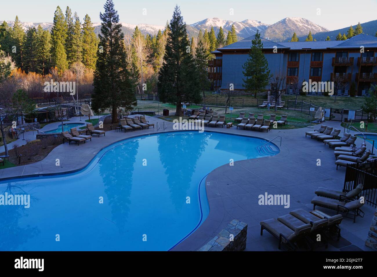 INCLINE VILLAGE, NV –13 APR 2021- View of the Hyatt Regency Lake Tahoe Resort, Spa and Casino, a waterfront resort on the shore of Lake Tahoe on the N Stock Photo