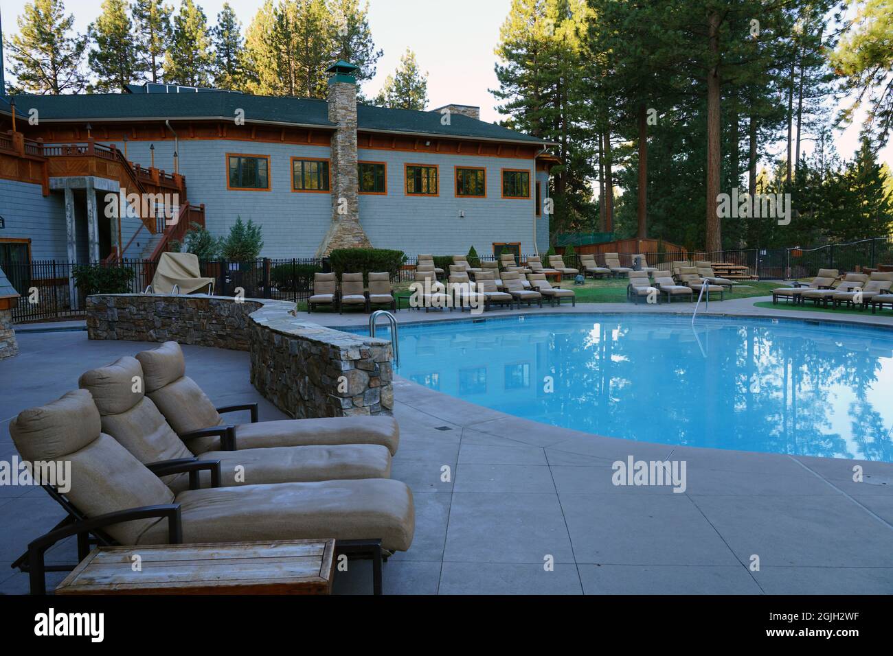 INCLINE VILLAGE, NV –13 APR 2021- View of the Hyatt Regency Lake Tahoe Resort, Spa and Casino, a waterfront resort on the shore of Lake Tahoe on the N Stock Photo