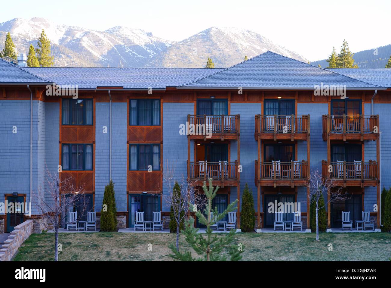 INCLINE VILLAGE, NV –13 APR 2021- View of the Hyatt Regency Lake Tahoe Resort, Spa and Casino, a waterfront resort on the shore of Lake Tahoe on the N Stock Photo