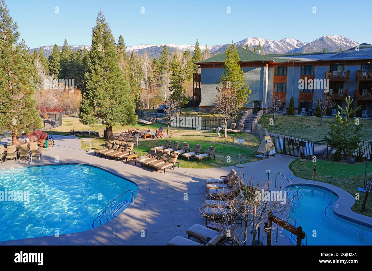 INCLINE VILLAGE, NV –13 APR 2021- View of the Hyatt Regency Lake Tahoe Resort, Spa and Casino, a waterfront resort on the shore of Lake Tahoe on the N Stock Photo