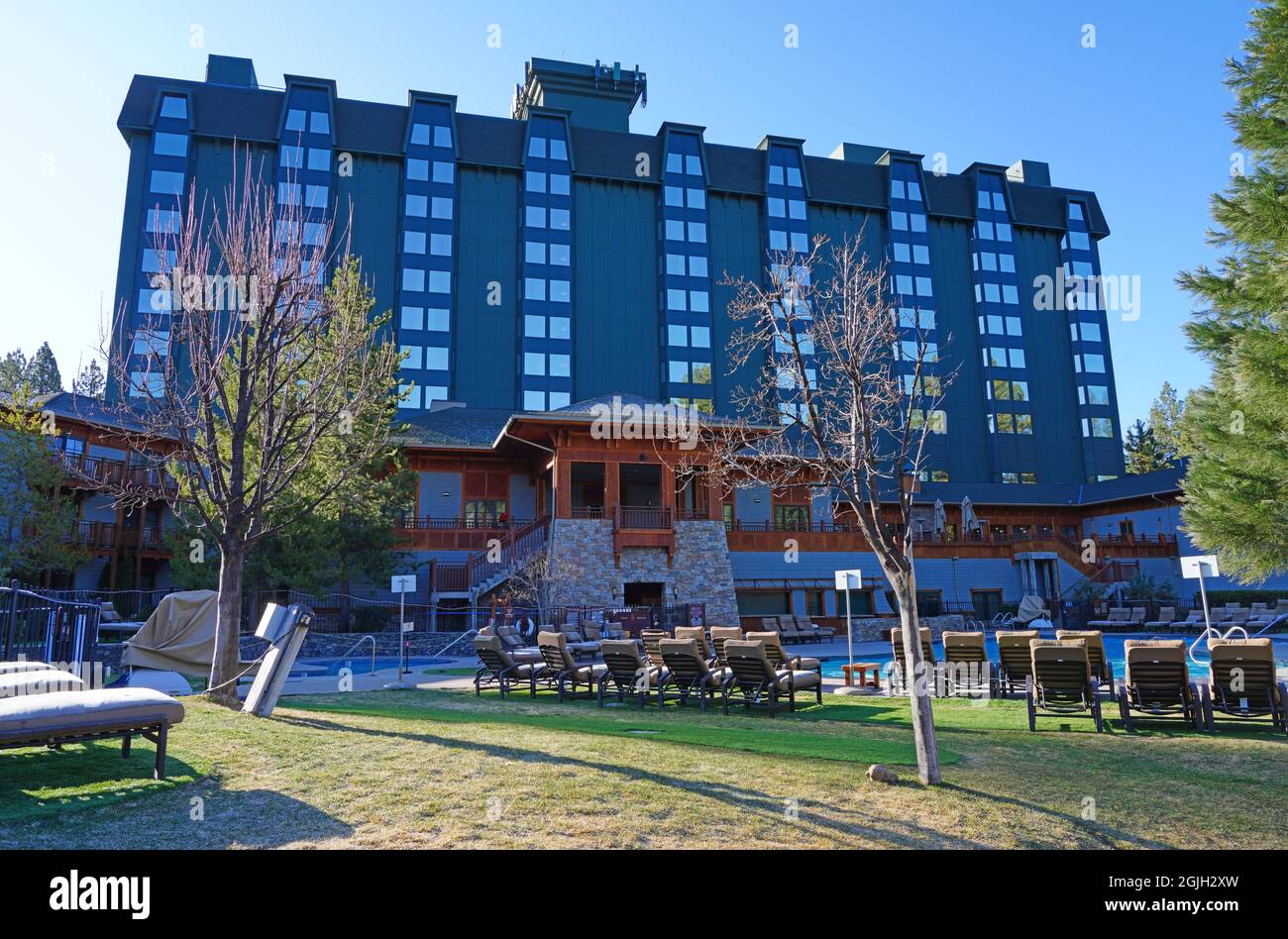 INCLINE VILLAGE, NV –13 APR 2021- View of the Hyatt Regency Lake Tahoe Resort, Spa and Casino, a waterfront resort on the shore of Lake Tahoe on the N Stock Photo