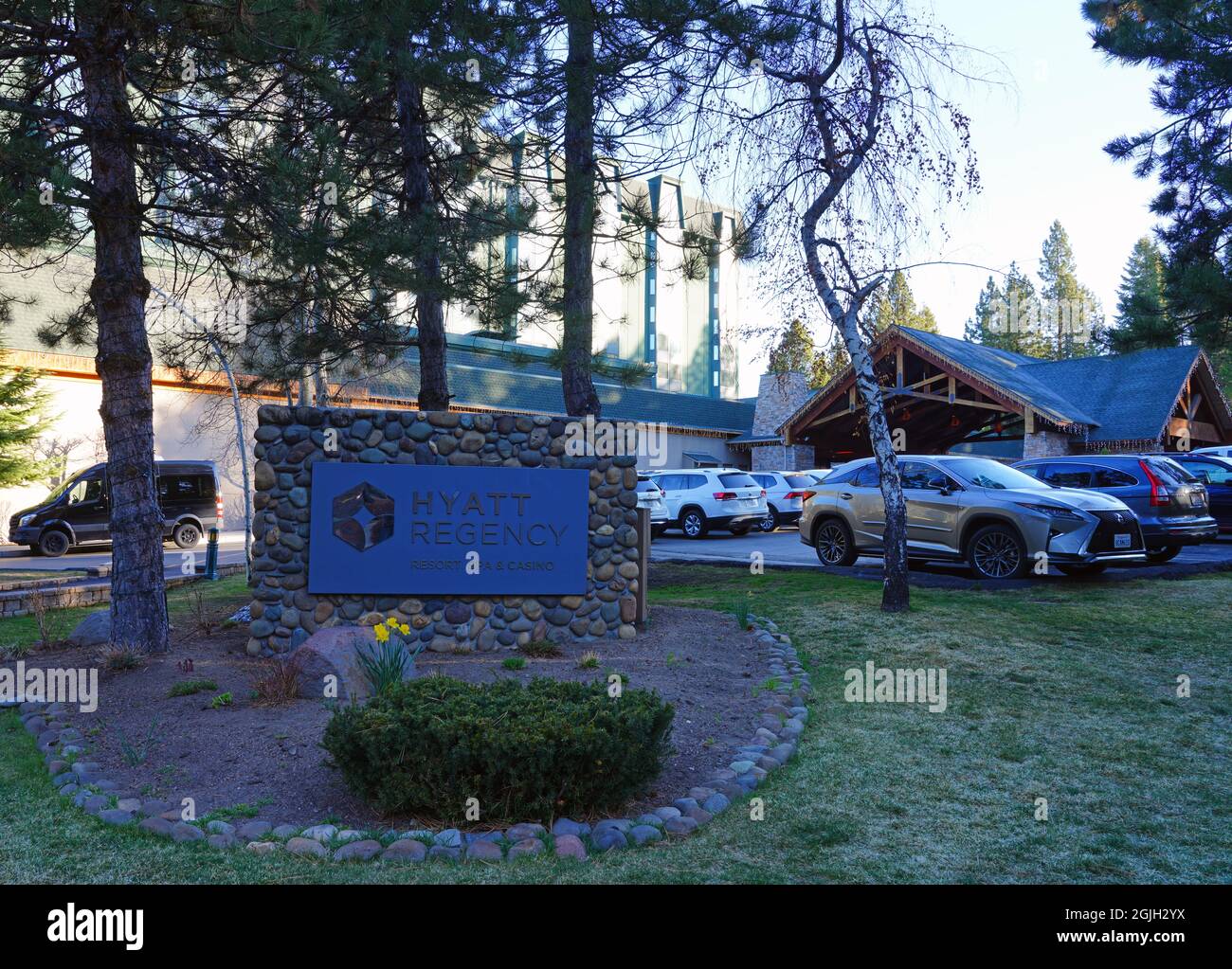 INCLINE VILLAGE, NV –11 APR 2021- View of the Hyatt Regency Lake Tahoe Resort, Spa and Casino, a waterfront resort on the shore of Lake Tahoe on the N Stock Photo