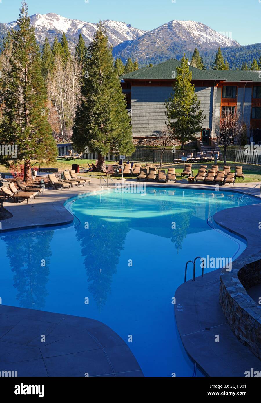 INCLINE VILLAGE, NV –11 APR 2021- View of the Hyatt Regency Lake Tahoe Resort, Spa and Casino, a waterfront resort on the shore of Lake Tahoe on the N Stock Photo