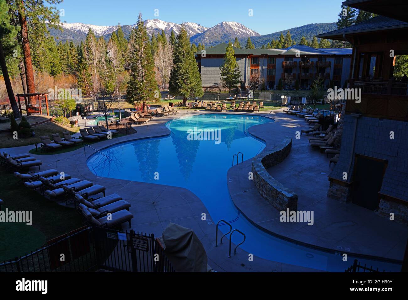 INCLINE VILLAGE, NV –11 APR 2021- View of the Hyatt Regency Lake Tahoe Resort, Spa and Casino, a waterfront resort on the shore of Lake Tahoe on the N Stock Photo