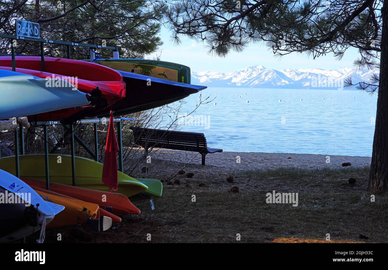 INCLINE VILLAGE, NV 11 APR 2021 Racks of colorful kayaks and surf