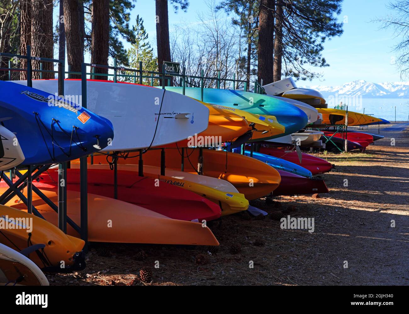 INCLINE VILLAGE, NV 11 APR 2021 Racks of colorful kayaks and surf
