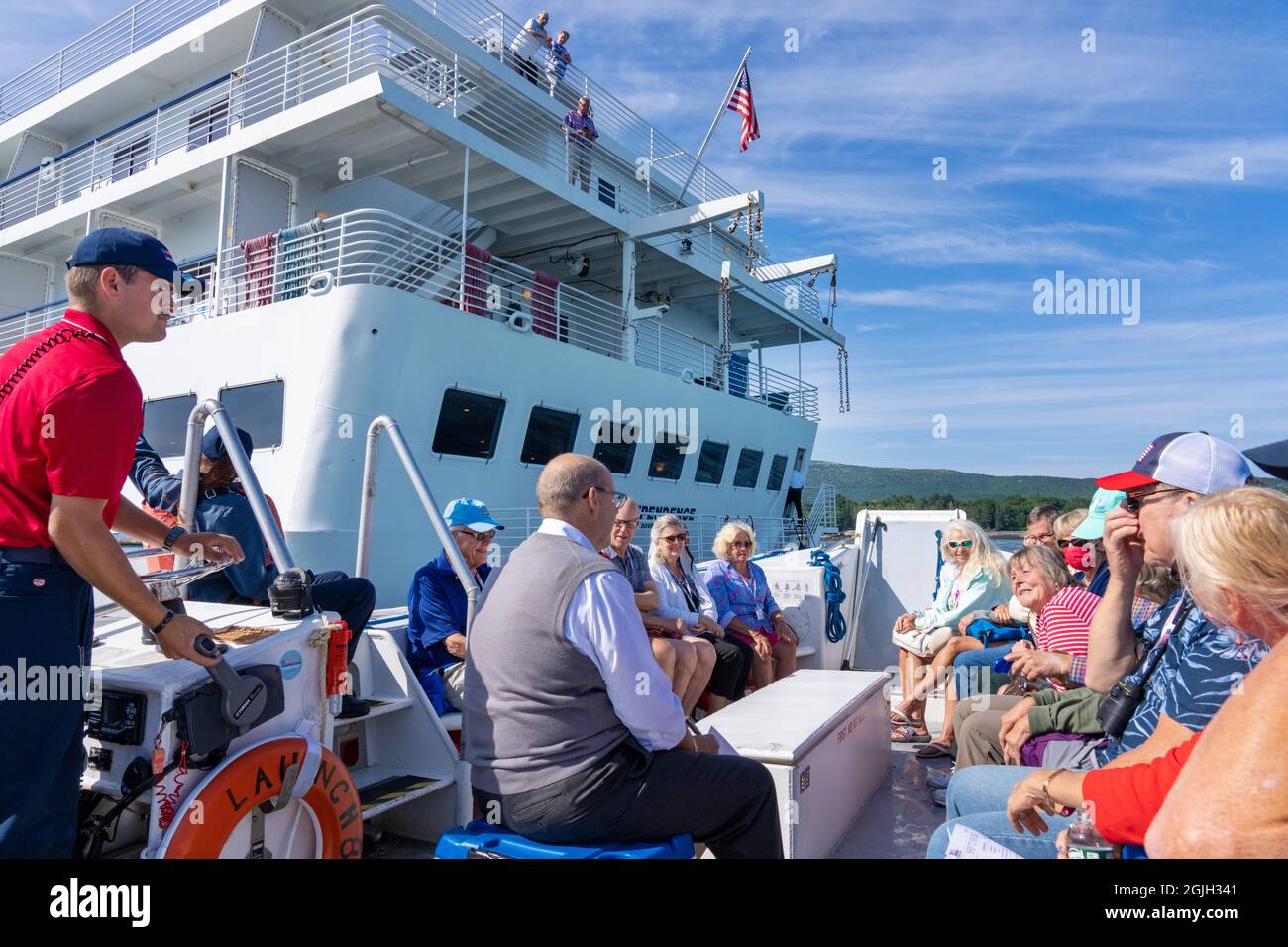 Bar Harbor, Maine, USA. Cruise boat passengers taking a tender boat to