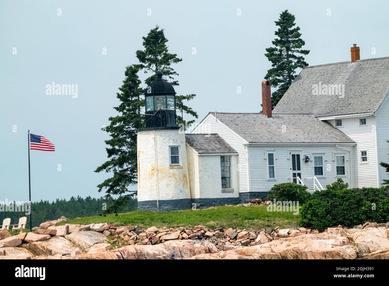 Gulf of Maine, USA. Winter Harbor lighthouse and National Wildlife Refuge, on Mark Island Stock