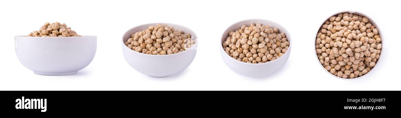 set of chickpeas or grams, also known as garbanzo beans or egyptian pea, in a bowl, vegetarian food isolated on white background, taken in different a Stock Photo