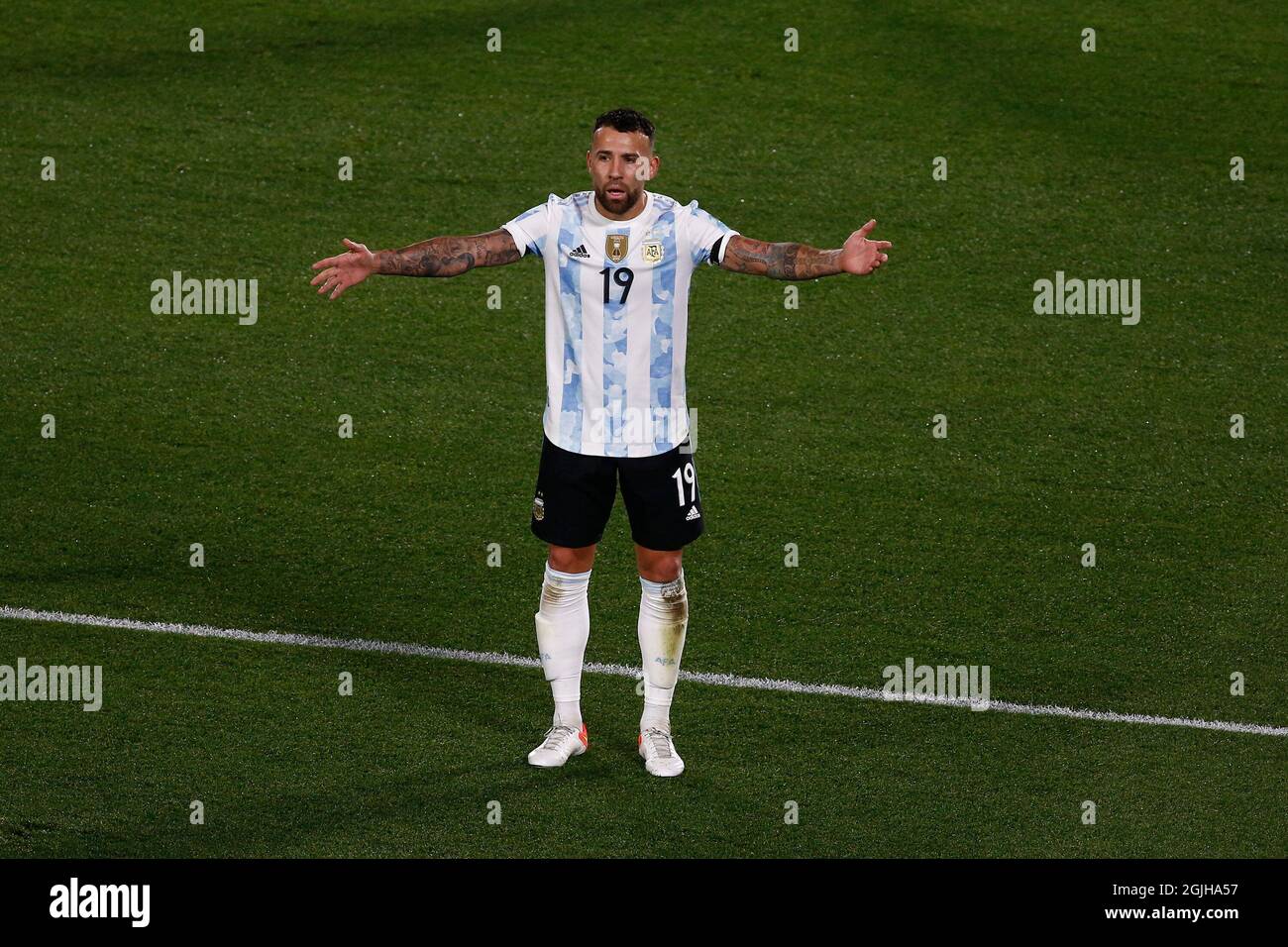 Argentina defender Nicolas Otamendi (19) reacts during a match between Argentina and Bolivia as part of South American Qualifiers for Qatar 2022 at Estadio Monumental Antonio Vespucio Liberti on September 9, 2021 in Buenos Aires, Argentina. Photo by Florencia Tan Jun/PxImages/ABACAPRESS.COM Stock Photo