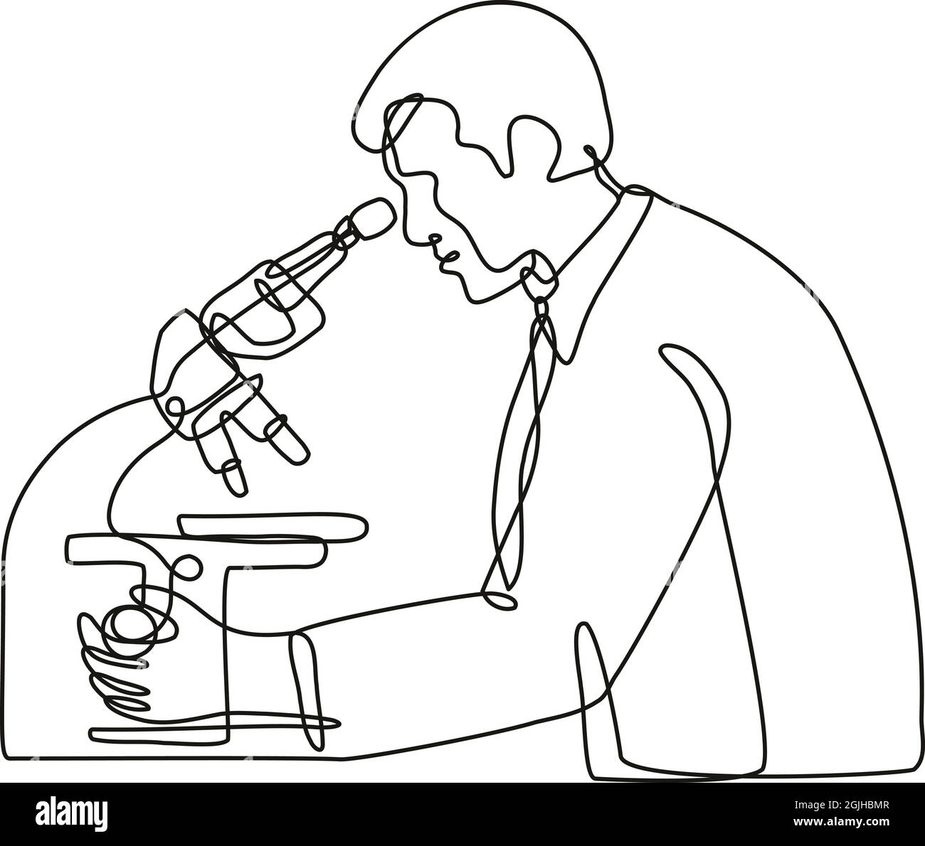 Continuous line drawing illustration of a microbiologist studying a virus with a microscope done in mono line or doodle style in black and white on is Stock Vector