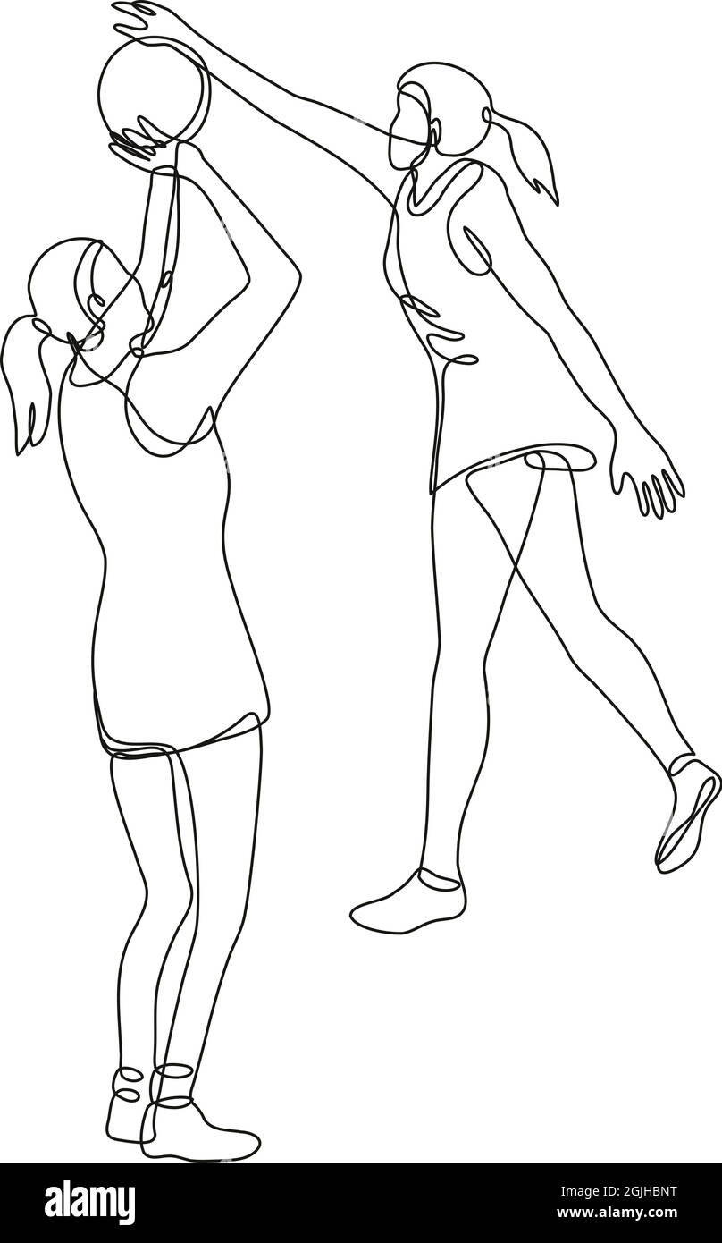 Continuous line drawing illustration of a netball player shooting and