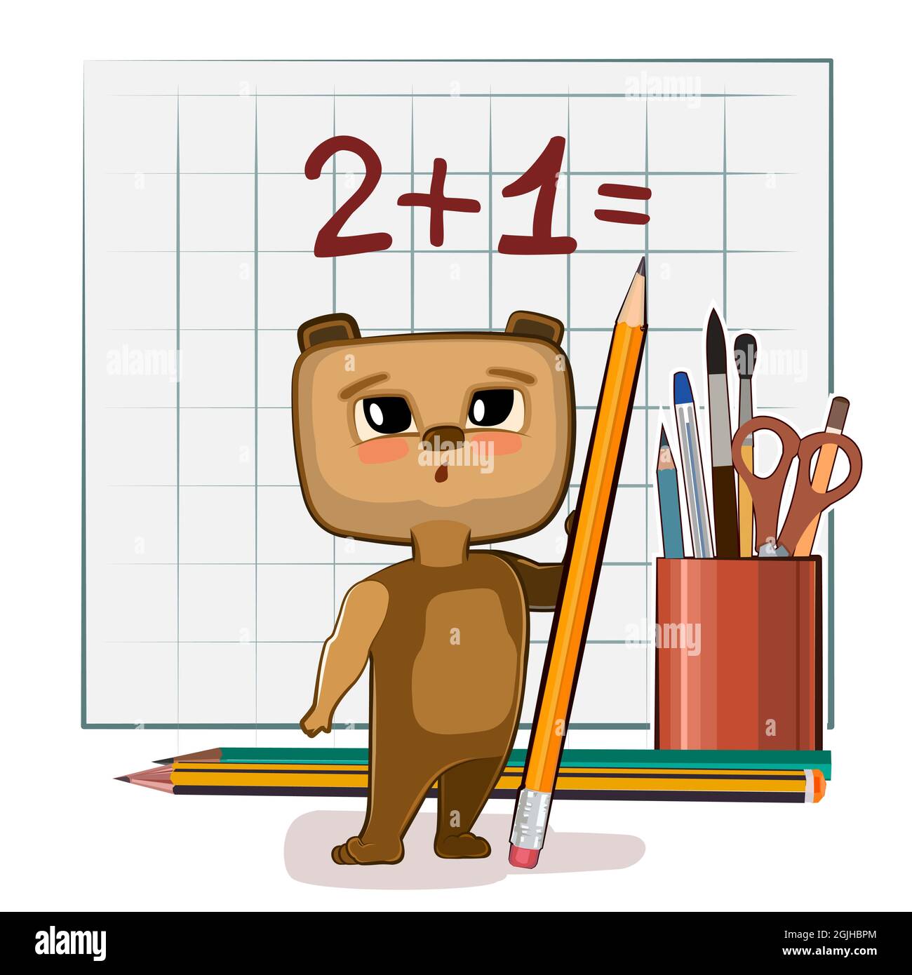 Cute Bear baby is trying to count. Studying numbers and counting. Funny animal kid. Stationery and pencil. Writes in notebook. Mathematics illustratio Stock Vector