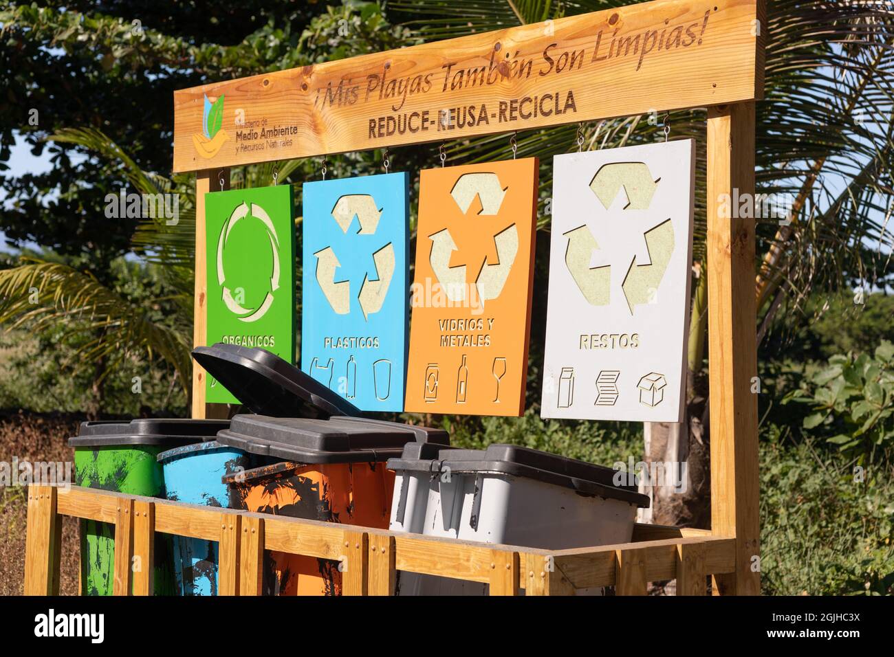 Recycle bins in Latin American country of Dominican Republic Stock Photo