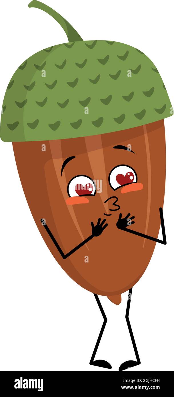 Character acorn falls in love with eyes hearts, kiss face, arms and legs. Cheerful forest plant, autumn nut Stock Vector