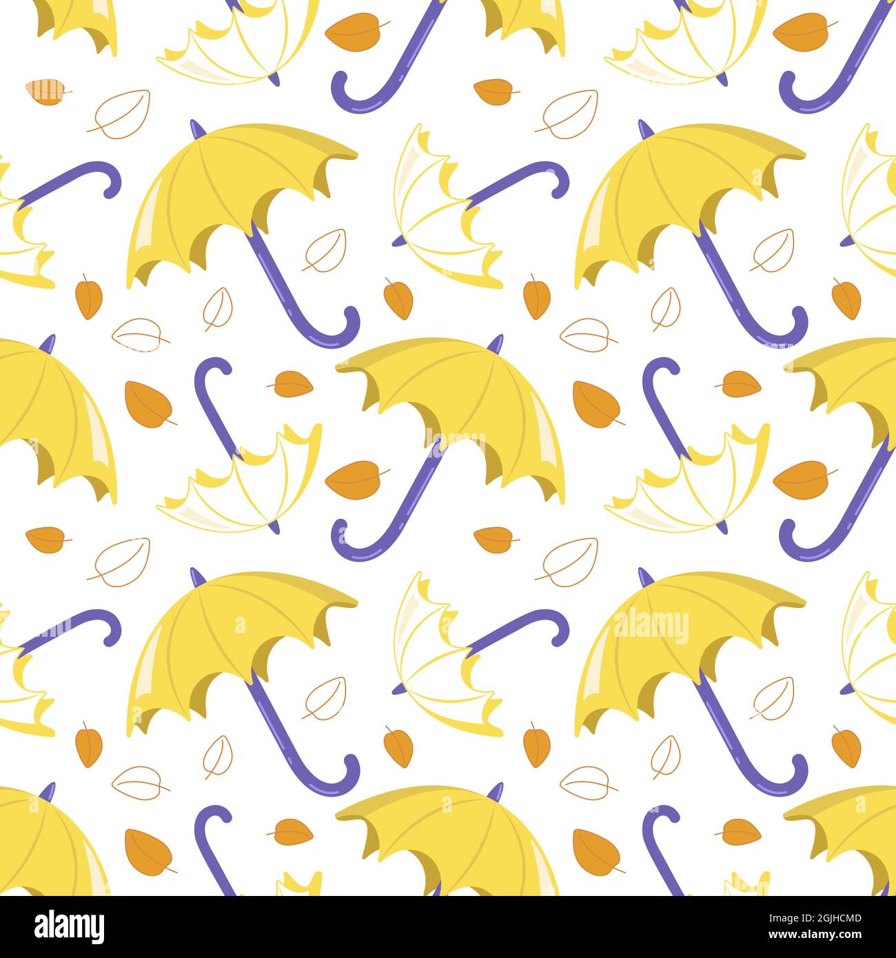 Seamless pattern with yellow umbrellas and leaves on a white background ...
