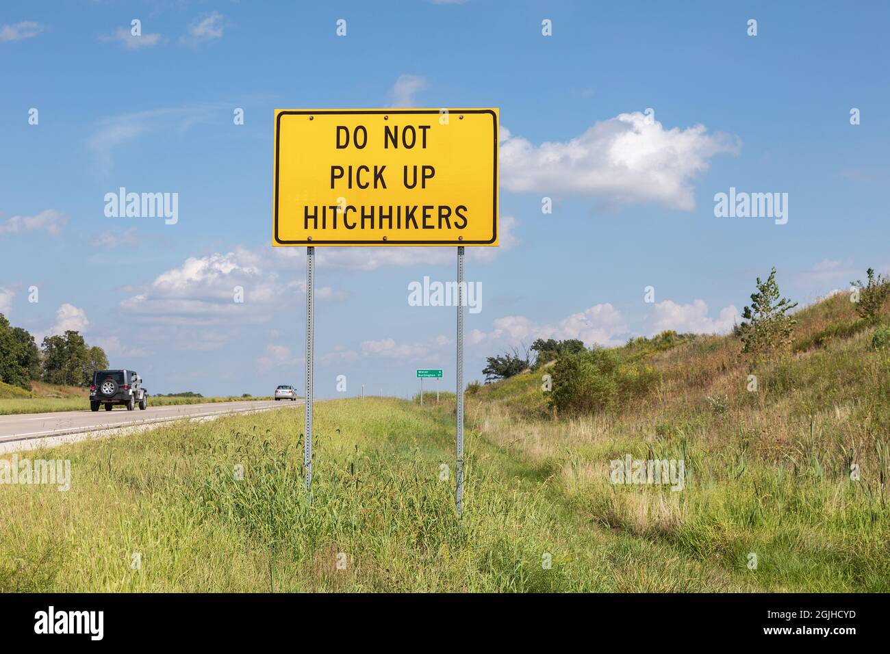 Do Not Pickup Hitchhikers sign near the Iowa State Penitentiary in Fort