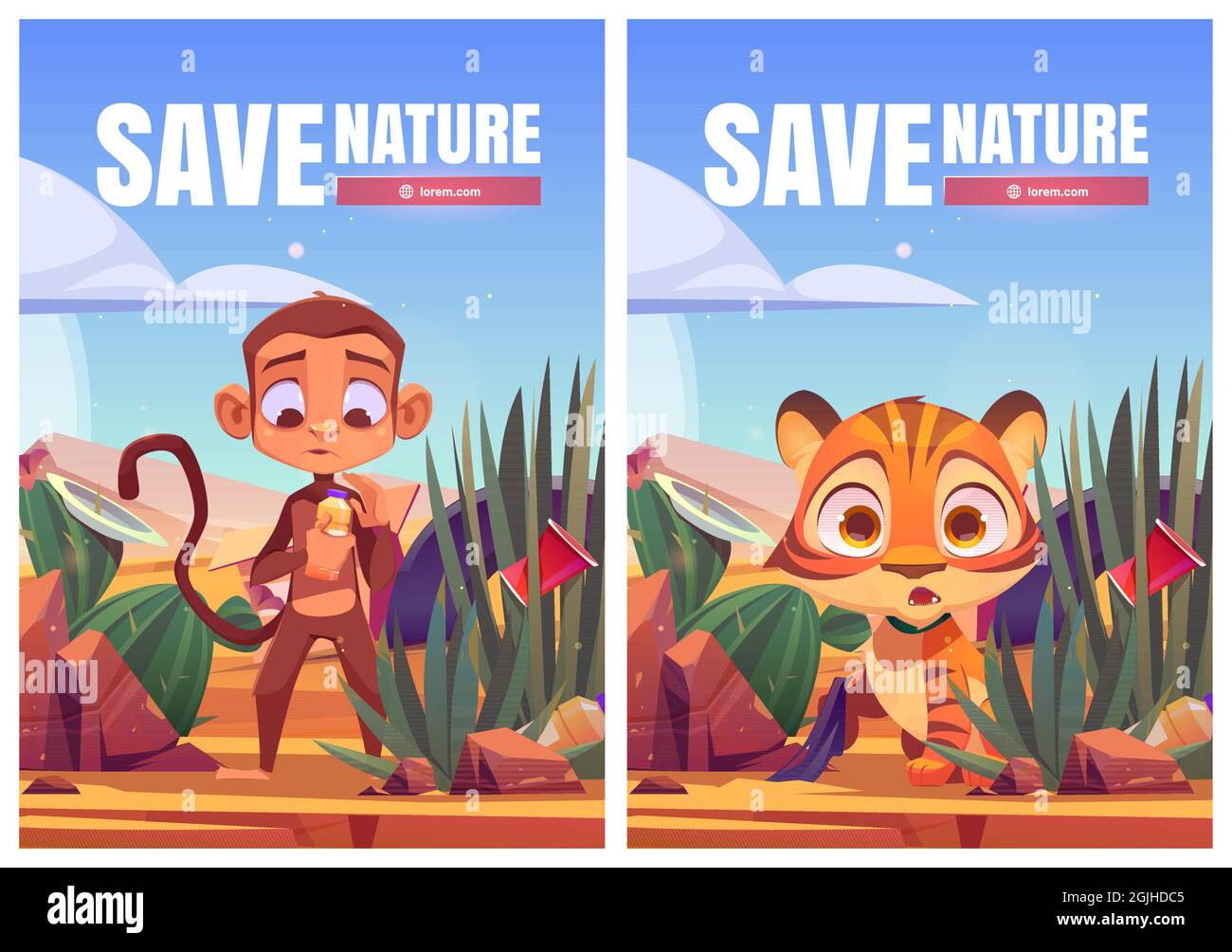 Save nature cartoon posters, funny wild African animals tiger cub and  monkey in polluted desert natural landscape with trash and plastic litter  around. Africa ecology contamination vector illustration Stock Vector Image  &
