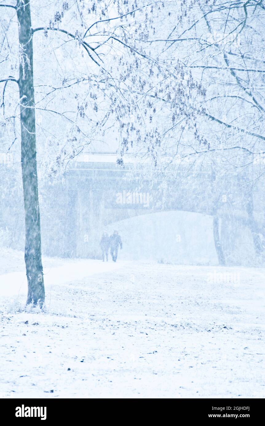 couple walking under heavy snow Stock Photo