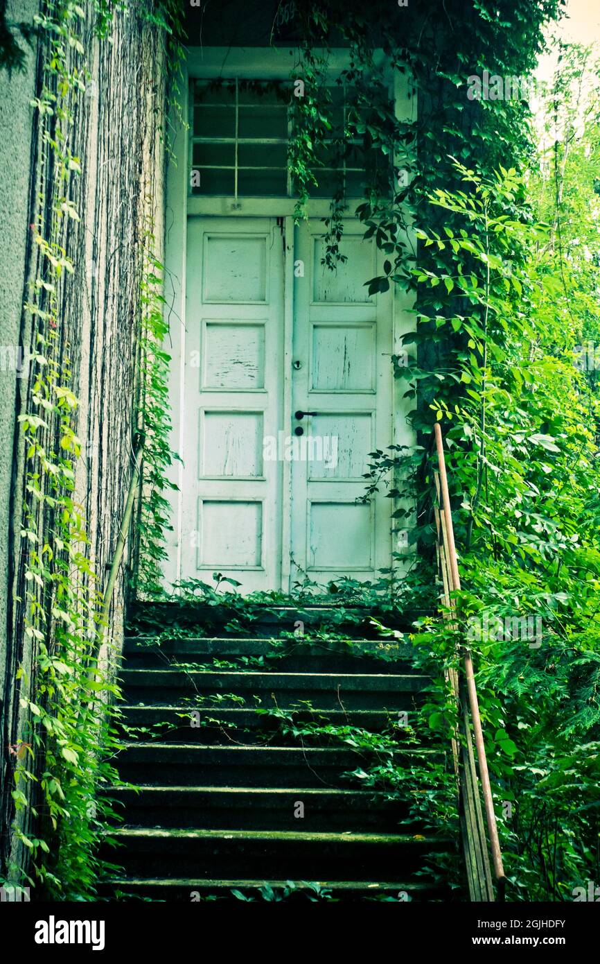 mysterious white door and stairs Stock Photo