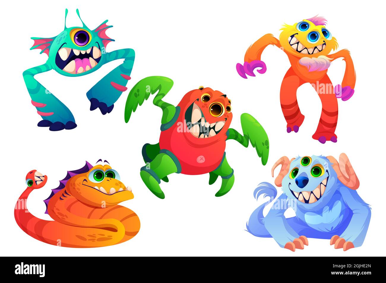 Cute monsters, little alien animals with teeth, horns, many eyes and fur.  Vector cartoon set of funny creatures, small ugly beasts smile and laughing  isolated on white background Stock Vector Image &