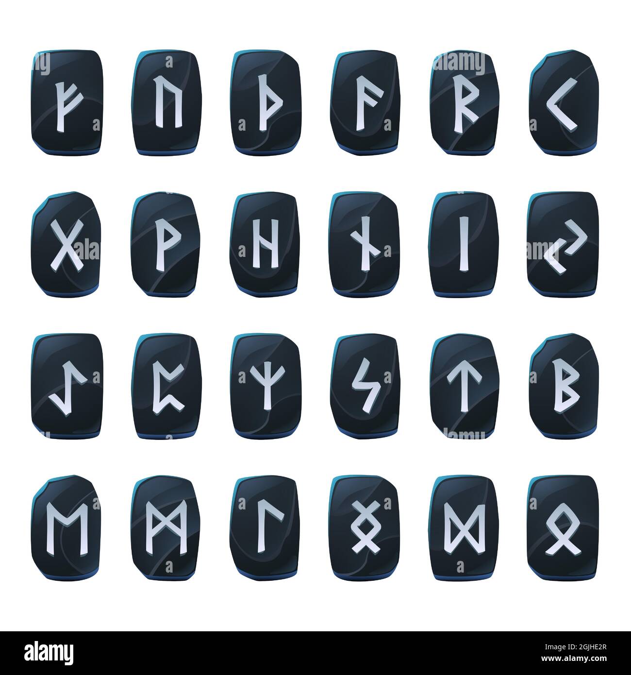 Set of onyx game runes, nordic ancient alphabet, viking celtic futark symbols engraved on black stone pieces. Esoteric occult signs, mystic ui or gui elements, isolated cartoon vector illustration Stock Vector