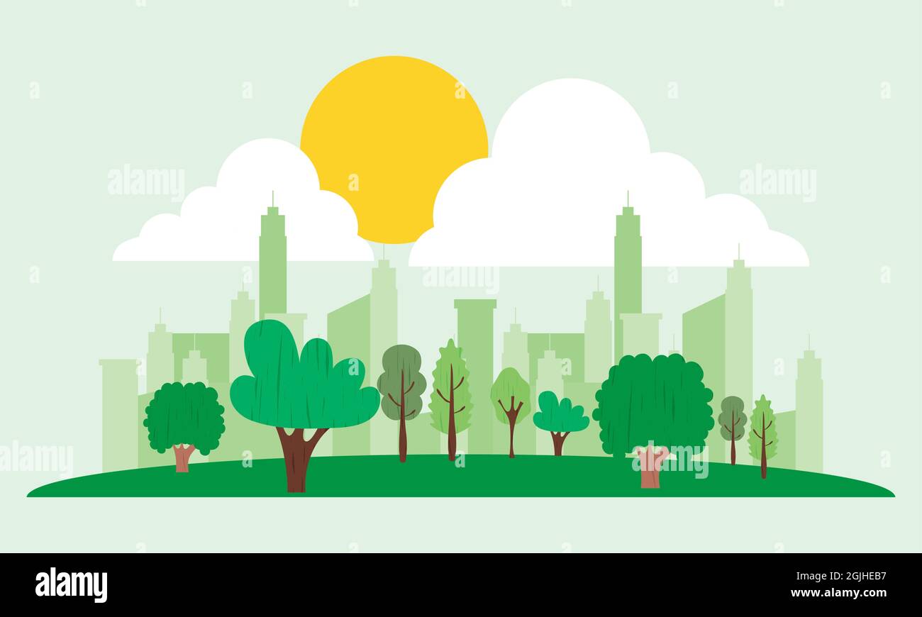 green city illustration with buildings and trees Stock Vector Image ...