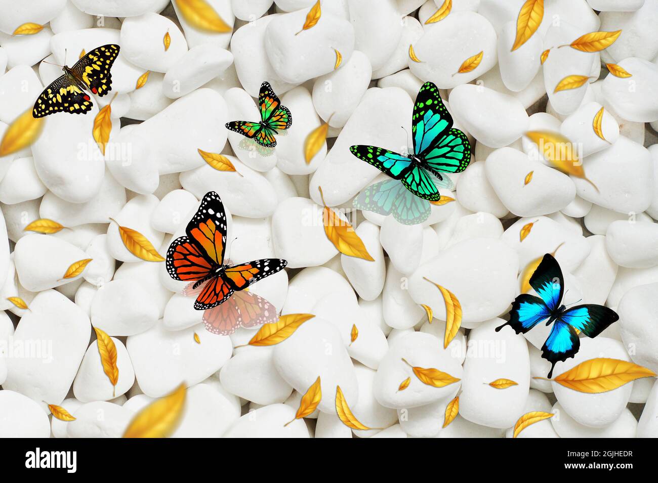 Butterflies and leaves on white stone. Background wallpaper for home