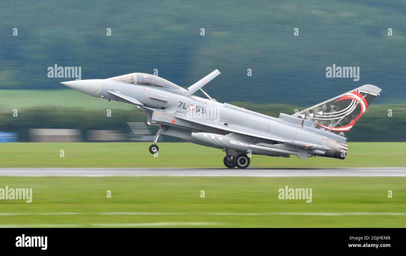 Zeltweg, Austria SEPTEMBER, 6, 2019 Fighter jet landing. Panning side view.. Eurofighter Typhoon EFA of Austrian Air Force Stock Photo