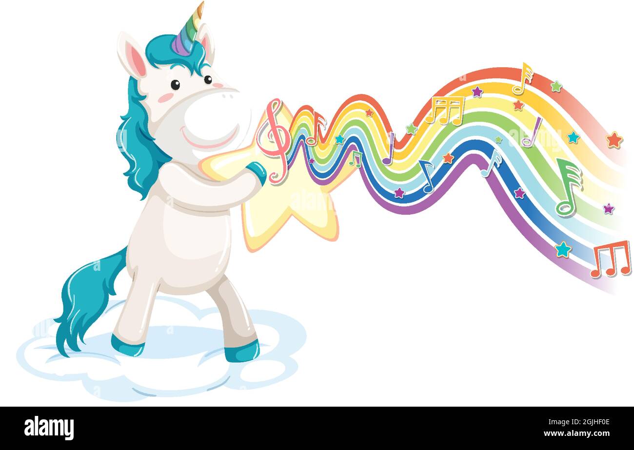 Unicorn standing on the cloud with melody symbols on rainbow wave ...
