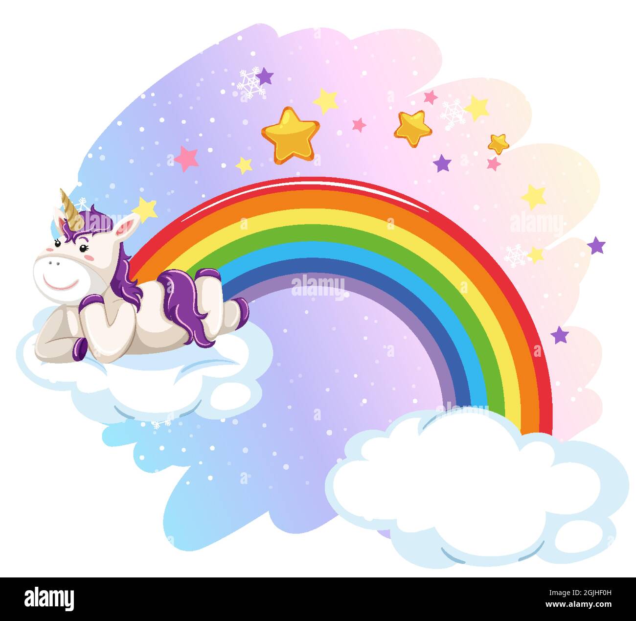 Cute unicorn laying on cloud in the pastel sky with rainbow ...